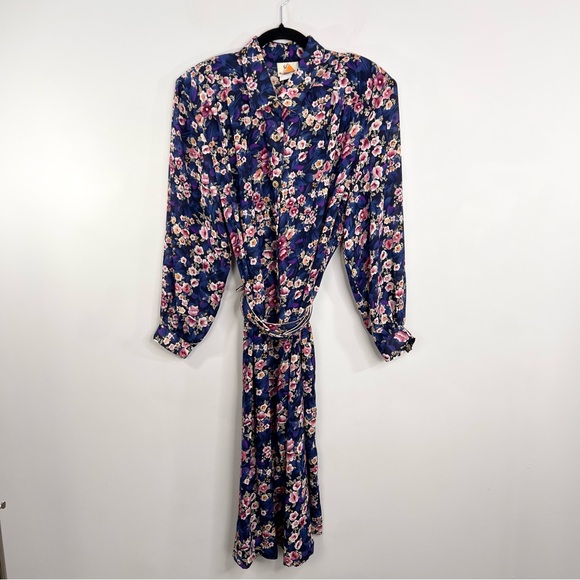 Vintage 80s blue floral chiffon sheer blouson belted long sleeve midi dress - Picture 6 of 17